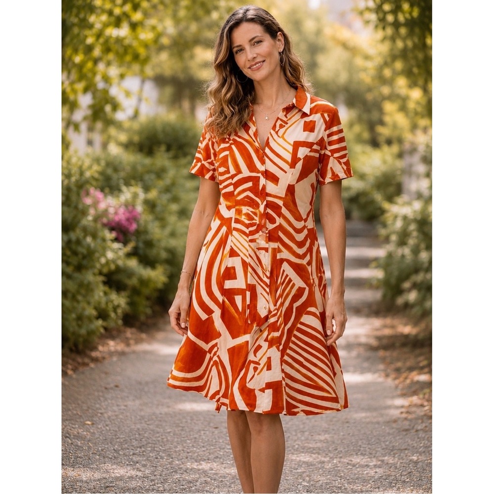 London Times Linen Blend Dress Size 12 NWT Orange Abstract Midi Button Down